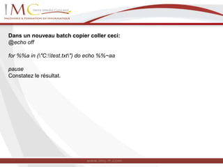 Dans un nouveau batch copier coller ceci:
@echo off
for %%a in ("C:test.txt") do echo %%~aa
pause
Constatez le résultat.
 