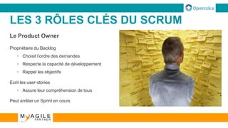 LES 3 RÔLES CLÉS DU SCRUM
Le Product Owner
Propriétaire du Backlog
• Choisit l’ordre des demandes
• Respecte la capacité de développement
• Rappel les objectifs
Ecrit les user-stories
• Assure leur compréhension de tous
Peut arrêter un Sprint en cours
 