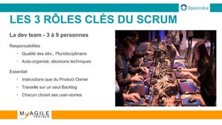 LES 3 RÔLES CLÉS DU SCRUM
La dev team - 3 à 9 personnes
Responsabilités
• Qualité des dév., Pluridisciplinaire
• Auto-organisé, décisions techniques
Essentiel
• Instructions que du Product Owner
• Travaille sur un seul Backlog
• Chacun choisit ses user-stories
 