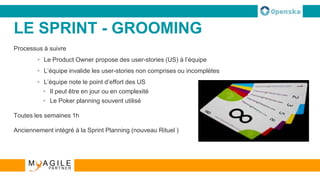 LE SPRINT - GROOMING
Processus à suivre
• Le Product Owner propose des user-stories (US) à l’équipe
• L’équipe invalide les user-stories non comprises ou incomplètes
• L’équipe note le point d’effort des US
• Il peut être en jour ou en complexité
• Le Poker planning souvent utilisé
Toutes les semaines 1h
Anciennement intégré à la Sprint Planning (nouveau Rituel )
 