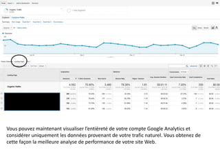 Vous pouvez maintenant visualiser l’entièreté de votre compte Google Analytics et
considérer uniquement les données provenant de votre trafic naturel. Vous obtenez de
cette façon la meilleure analyse de performance de votre site Web.
 