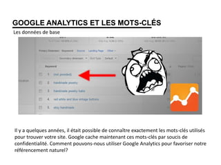 GOOGLE ANALYTICS ET LES MOTS-CLÉS
Les données de base
Il y a quelques années, il était possible de connaître exactement les mots-clés utilisés
pour trouver votre site. Google cache maintenant ces mots-clés par soucis de
confidentialité. Comment pouvons-nous utiliser Google Analytics pour favoriser notre
référencement naturel?
 