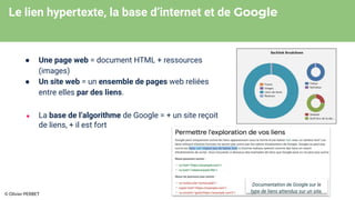 Le lien hypertexte, la base d’internet et de Google
● Une page web = document HTML + ressources
(images)
● Un site web = un ensemble de pages web reliées
entre elles par des liens.
● La base de l’algorithme de Google = + un site reçoit
de liens, + il est fort
Documentation de Google sur le
type de liens attendus sur un site.
© Olivier PERBET
 