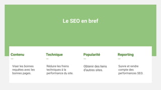 Le SEO en bref
Reporting
—
Contenu
—
Technique
—
Popularité
—
Obtenir des liens
d’autres sites.
Réduire les freins
techniques à la
performance du site.
Viser les bonnes
requêtes avec les
bonnes pages.
Suivre et rendre
compte des
performances SEO.
 