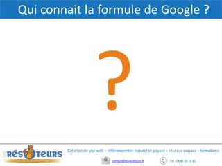 Tel : 04 42 20 16 82contact@lesresoteurs.fr
Création de site web – référencement naturel et payant – réseaux sociaux - formations
Qui connait la formule de Google ?
 