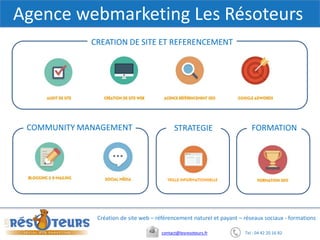 Tel : 04 42 20 16 82contact@lesresoteurs.fr
Création de site web – référencement naturel et payant – réseaux sociaux - formations
Agence webmarketing Les Résoteurs
CREATION DE SITE ET REFERENCEMENT
COMMUNITY MANAGEMENT STRATEGIE FORMATION
 