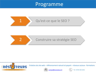 Tel : 04 42 20 16 82contact@lesresoteurs.fr
Création de site web – référencement naturel et payant – réseaux sociaux - formations
Programme
Qu’est-ce que le SEO ?1
Construire sa stratégie SEO2
 