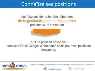 Tel : 04 42 20 16 82contact@lesresoteurs.fr
Création de site web – référencement naturel et payant – réseaux sociaux - formations
Connaître ses positions
Plus de position nationale –
consulter l’outil Google Webmaster Tools pour vos positions
moyennes
Les résultats de recherche dépendent
de la géolocalisation et des cookies
présents sur l’ordinateur
 