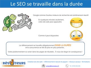 Tel : 04 42 20 16 82contact@lesresoteurs.fr
Création de site web – référencement naturel et payant – réseaux sociaux - formations
Le SEO se travaille dans la durée
Google comme d’autres moteurs de recherche est extrêmement réactif.
Photolièvr
e et tortue
Le référencement se travaille obligatoirement DANS LA DURÉE
et la concurrence se fait de plus en plus présente…
Votre positionnement va varier dans les pages de résultats ; À vous de réagir en conséquence !
En quelques minutes seulement,
votre site web peut apparaitre
Comme il peut disparaitre
 