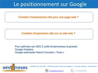 Tel : 04 42 20 16 82contact@lesresoteurs.fr
Création de site web – référencement naturel et payant – réseaux sociaux - formations
Le positionnement sur Google
Combien d’expressions clés pour une page web ?
Combien d’expression clés sur un site web ?
Pour optimiser son SEO 2 outils fondamentaux et gratuits:
Google Analytics
Google webmaster Search Console « Tools »
 