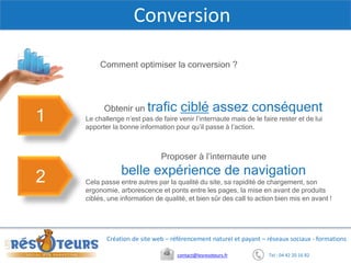 Tel : 04 42 20 16 82contact@lesresoteurs.fr
Création de site web – référencement naturel et payant – réseaux sociaux - formations
Conversion
Obtenir un trafic ciblé assez conséquent
Le challenge n’est pas de faire venir l’internaute mais de le faire rester et de lui
apporter la bonne information pour qu’il passe à l’action.
Comment optimiser la conversion ?
Proposer à l’internaute une
belle expérience de navigation
Cela passe entre autres par la qualité du site, sa rapidité de chargement, son
ergonomie, arborescence et ponts entre les pages, la mise en avant de produits
ciblés, une information de qualité, et bien sûr des call to action bien mis en avant !
1
2
 