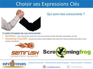 Tel : 04 42 20 16 82contact@lesresoteurs.fr
Création de site web – référencement naturel et payant – réseaux sociaux - formations
Choisir ses Expressions Clés
2 outils d’analyse de vos concurrents :
• SemRush : vous donne les noms de vos concurrents et des données associées au site
• Screaming Frog SEO : étudie les titres et les balises des sites les mieux positionnés dans votre
secteur d’activité.
Qui sont mes concurrents ?
 