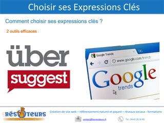 Tel : 04 42 20 16 82contact@lesresoteurs.fr
Création de site web – référencement naturel et payant – réseaux sociaux - formations
Choisir ses Expressions Clés
2 outils efficaces :
Comment choisir ses expressions clés ?
 