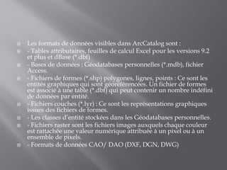  Les formats de données visibles dans ArcCatalog sont :
 - Tables attributaires, feuilles de calcul Excel pour les versions 9.2
et plus et dBase (*.dbf)
 - Bases de données : Géodatabases personnelles (*.mdb), fichier
Access.
 - Fichiers de formes (*.shp) polygones, lignes, points : Ce sont les
entités graphiques qui sont géoréférencées. Un fichier de formes
est associé à une table (*.dbf) qui peut contenir un nombre indéfini
de données par entité.
 - Fichiers couches (*.lyr) : Ce sont les représentations graphiques
issues des fichiers de formes.
 - Les classes d’entité stockées dans les Géodatabases personnelles.
 - Fichiers raster sont les fichiers images auxquels chaque couleur
est rattachée une valeur numérique attribuée à un pixel ou à un
ensemble de pixels.
 - Formats de données CAO/ DAO (DXF, DGN, DWG)
 