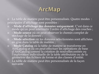  La table de matière peut être personnalisée. Quatre modes :
principales d’affichage sont possibles :
 - Mode d’affichage des données uniquement. C’est dans ce
mode qu’on peut intervertir l’ordre d’affichage des couches ;
 - Mode source où on peut observer le chemin complet de
stockage de la donnée ;
 - Mode sélection où les données sélectionnées sont affichées
en gras dans la table de matière ;
 - Mode Catalog où la table de matière se transforme en
ArcCatalog et où on peut effectuer les opérations de base
d’ArcCatalog comme la création de nouvelles entités ou
l’exploration individuelle de la table attributaire ou de la
géométrie des fichiers de forme et des classes d’entité.
 La table de matière peut être personnalisée de la façon
suivante
 