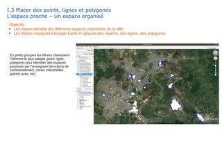I.3 Placer des points, lignes et polygones
L’espace proche – Un espace organisé
Objectifs :
●
Les élèves identifie les différents espaces importants de la ville
●
Les élèves manipulent Google Earth en plaçant des repères, des lignes, des polygones
En petits groupes les élèves choisissent
l’élément le plus adapté (point, ligne,
polygone) pour identifier des espaces
proposés par l’enseignant (fonctions de
commandement, zones industrielles,
grands axes, etc)
 