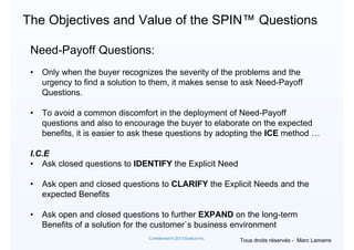 Confidential © 2013 Busbud Inc.
The Objectives and Value of the SPIN™ Questions
Need-Payoff Questions:
• Only when the buy...