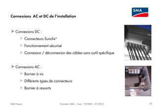 Connexions AC et DC de l’installation

> Connexions DC :
> Connecteurs Sunclix®
> Fonctionnement sécurisé
> Connexion / déconnexion des câbles sans outil spécifique
> Connexions AC :
> Bornier à vis
> Différents types de connecteurs
> Bornier à ressorts

SMA France

Formation SMA – Tunis – TUNISIE – 01/2013

22

 