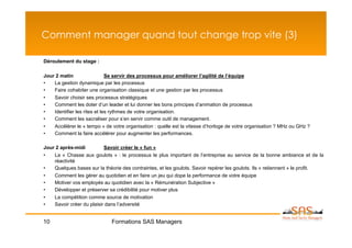 Comment manager quand tout change trop vite (3)

Déroulement du stage :

Jour 2 matin                  Se servir des processus pour améliorer l’agilité de l’équipe
•   La gestion dynamique par les processus
•   Faire cohabiter une organisation classique et une gestion par les processus
•   Savoir choisir ses processus stratégiques
•   Comment les doter d’un leader et lui donner les bons principes d’animation de processus
•   Identifier les rites et les rythmes de votre organisation.
•   Comment les sacraliser pour s’en servir comme outil de management.
•   Accélérer le « tempo » de votre organisation : quelle est la vitesse d’horloge de votre organisation ? MHz ou GHz ?
•   Comment la faire accélérer pour augmenter les performances.

Jour 2 après-midi          Savoir créer le « fun »
•   La « Chasse aux goulots » : le processus le plus important de l’entreprise au service de la bonne ambiance et de la
    réactivité
•   Quelques bases sur la théorie des contraintes, et les goulots. Savoir repérer les goulots. Ils « retiennent » le profit.
•   Comment les gérer au quotidien et en faire un jeu qui dope la performance de votre équipe
•   Motiver vos employés au quotidien avec la « Rémunération Subjective »
•   Développer et préserver sa crédibilité pour motiver plus
•   La compétition comme source de motivation
•   Savoir créer du plaisir dans l’adversité


10                            Formations SAS Managers
 