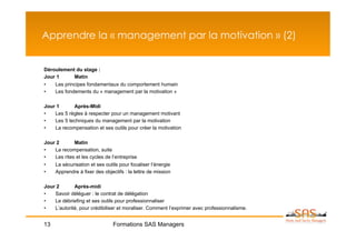 Apprendre la « management par la motivation » (2)


Déroulement du stage :
Jour 1      Matin
•   Les principes fondamentaux du comportement humain
•   Les fondements du « management par la motivation »

Jour 1      Après-Midi
•   Les 5 règles à respecter pour un management motivant
•   Les 5 techniques du management par la motivation
•   La recompensation et ses outils pour créer la motivation

Jour 2       Matin
•   La recompensation, suite
•   Les rites et les cycles de l’entreprise
•   La sécurisation et ses outils pour focaliser l’énergie
•   Apprendre à fixer des objectifs : la lettre de mission

Jour 2       Après-midi
•   Savoir déléguer : le contrat de délégation
•   Le débriefing et ses outils pour professionnaliser
•   L’autorité, pour crédibiliser et moraliser. Comment l’exprimer avec professionnalisme.


13                             Formations SAS Managers
 