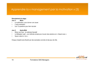 Apprendre la « management par la motivation » (3)


Déroulement du stage :
Jour 3      Matin
•   La sublimation, pour donner une cause
•   L’auto-motivation
•   Les 12 questions pour bien recruter

Jour 3      Après-Midi
•   Rêver son futur : la méthode Gandalf
•   Le Métaplan Light : une méthode simple pour trouver des solutions en « faisant avec »
•   Savoir créer le « fun »

Chaque chapitre sera illustré par des exemples concrets et des jeux de rôle.




14                            Formations SAS Managers
 