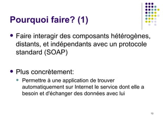 Pourquoi faire? (1) Faire interagir des composants hétérogènes, distants, et indépendants avec un protocole standard (SOAP) Plus concrètement: Permettre à une application de trouver automatiquement sur Internet le service dont elle a besoin et d'échanger des données avec lui  