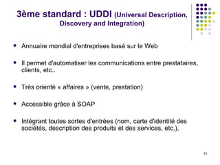 3ème standard :  UDDI  (Universal Description, Discovery and Integration)   Annuaire mondial d'entreprises basé sur le Web Il permet d'automatiser les communications entre prestataires, clients, etc.. Très orienté « affaires » (vente, prestation) Accessible grâce à SOAP Intégrant toutes sortes d'entrées (nom, carte d'identité des sociétés, description des produits et des services, etc.),  