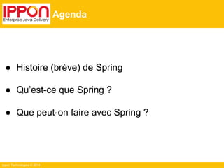 Ippon Technologies © 2014 
Agenda 
● Histoire (brève) de Spring 
● Qu’est-ce que Spring ? 
● Que peut-on faire avec Spring ? 
 