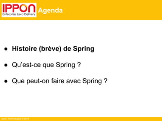 Ippon Technologies © 2014 
Agenda 
● Histoire (brève) de Spring 
● Qu’est-ce que Spring ? 
● Que peut-on faire avec Spring ? 
 