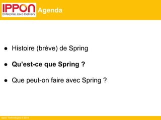 Ippon Technologies © 2014 
Agenda 
● Histoire (brève) de Spring 
● Qu’est-ce que Spring ? 
● Que peut-on faire avec Spring ? 
 