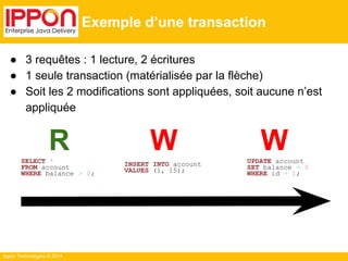● 3 requêtes : 1 lecture, 2 écritures 
● 1 seule transaction (matérialisée par la flèche) 
● Soit les 2 modifications sont appliquées, soit aucune n’est 
appliquée 
R W W 
Ippon Technologies © 2014 
Exemple d’une transaction 
SELECT * 
FROM account 
WHERE balance > 0; 
UPDATE account 
SET balance = 0 
WHERE id = 1; 
INSERT INTO account 
VALUES (1, 15); 
 
