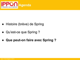 Ippon Technologies © 2014 
Agenda 
● Histoire (brève) de Spring 
● Qu’est-ce que Spring ? 
● Que peut-on faire avec Spring ? 
 