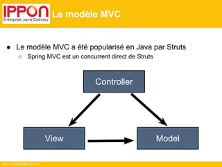 Ippon Technologies © 2014 
Le modèle MVC 
● Le modèle MVC a été popularisé en Java par Struts 
○ Spring MVC est un concurrent direct de Struts 
Controller 
View Model 
 