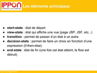Ippon Technologies © 2014 
Les éléments principaux 
● start-state : état de départ 
● view-state : état qui affiche une vue (page JSP, JSF, etc...) 
● transition : permet de passer d’un état à un autre 
● decision-state : permet de faire un choix en fonction d’une 
expression (if-then-else) 
● end-state : état de fin (une fois cet état atteint, le flow est 
détruit) 
 