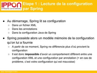 Ippon Technologies © 2014 
Etape 1 : Lecture de la configuration 
par Spring 
● Au démarrage, Spring lit sa configuration 
○ Dans un fichier XML 
○ Dans les annotations 
○ Dans la configuration Java de Spring 
● Spring possède alors un modèle mémoire de la configuration 
qu’on lui a fournie 
○ A partir de ce moment, Spring ne différencie plus d’où provient la 
configuration 
○ Il est donc impossible d’avoir un comportement différent entre une 
configuration XML et une configuration par annotation (= en cas de 
problème, c’est votre configuration qui est mauvaise) 
 