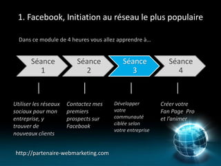1. Facebook, Initiation au réseau le plus populaire

  Dans ce module de 4 heures vous allez apprendre à…


       Séance             Séance           Séance           Séance
         1                  2                3                4


Utiliser les réseaux   Contactez mes   Développer         Créer votre
sociaux pour mon       premiers        votre              Fan Page Pro
entreprise, y          prospects sur   communauté         et l’animer
                                       ciblée selon
trouver de             Facebook
                                       votre entreprise
nouveaux clients


 http://partenaire-webmarketing.com
 