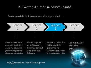 2. Twitter, Animer sa communauté

  Dans ce module de 4 heures vous allez apprendre à…


        Séance               Séance              Séance             Séance
          1                    2                   3                  4


Programmer votre        Mettre en place      Mettre en place les    Les outils pour
curation au fil de la   les outils pour      outils pour faire      aller plus
semaine pour une        établir un contact   grandir votre          loin…
présence optimale       privé avec vos       communauté selon
de votre entreprise     followers            votre prospect cible



 http://partenaire-webmarketing.com
 