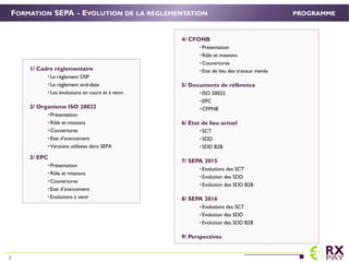4/ CFONB
Présentation
Rôle et missions
Couvertures
Etat de lieu des travaux menés
5/ Documents de référence
ISO 20022
EPC
CFPNB
6/ Etat de lieu actuel
SCT
SDD
SDD B2B
7/ SEPA 2015
Evolutions des SCT
Evolution des SDD
Evolution des SDD B2B
8/ SEPA 2016
Evolutions des SCT
Evolution des SDD
Evolution des SDD B2B
9/ Perspectives
FORMATION SEPA - EVOLUTION DE LA RÈGLEMENTATION
1/ Cadre réglementaire.
Le règlement DSP
Le règlement end-date
Les évolutions en cours et à venir.
2/ Organisme ISO 20022.
Présentation
Rôle et missions
Couvertures
Etat d’avancement
Versions utilisées dans SEPA
3/ EPC
Présentation
Rôle et missions
Couvertures
Etat d’avancement
Evolutions à venir
PROGRAMME
2
 