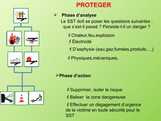 PROTEGER
   Phase d’analyse
    Le SST doit se poser les questions suivantes :
     que s’est-il passé ? Persiste-t-il un danger ?
       Chaleur,feu,explosion
       Électricité
       D’asphyxie (eau,gaz,fumées,produits….)
       Physiques,mécaniques,


Phase d’action


      Supprimer, isoler le risque
      Baliser la zone dangereuse
      Effectuer un dégagement d’urgence
      de la victime en toute sécurité pour le
      SST
 