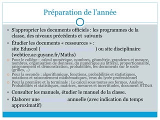 Préparation de l’année
 S’approprier les documents officiels : les programmes de la
classe, des niveaux précédents et suivants
 Étudier les documents « ressources » :
site Eduscol (http://eduscol.education.fr ) ou site disciplinaire
(webtice.ac-guyane.fr/Maths)
 Pour le collège : calcul numérique, nombres, géométrie, grandeurs et mesure,
nombres, organisation de données, du numérique au littéral, proportionnalité,
raisonnement et démonstration, probabilités, les documents sur le socle
(grilles, ..)
 Pour la seconde : algorithmique, fonctions, probabilités et statistiques,
notations et raisonnement mathématiques, ceux du lycée professionnel
 Pour la première et la terminale : Le calcul sous toutes ses formes, Analyse,
Probabilités et statistiques, matrices, mesures et incertitudes, document STD2A
 Consulter les manuels, étudier le manuel de la classe.
 Élaborer une progression annuelle (avec indication du temps
approximatif)
 