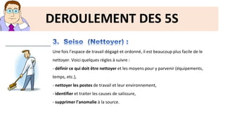 DEROULEMENT DES 5S
Une fois l’espace de travail dégagé et ordonné, il est beaucoup plus facile de le
nettoyer. Voici quelques règles à suivre :
- définir ce qui doit être nettoyer et les moyens pour y parvenir (équipements,
temps, etc.),
- nettoyer les postes de travail et leur environnement,
- identifier et traiter les causes de salissure,
- supprimer l’anomalie à la source.
 