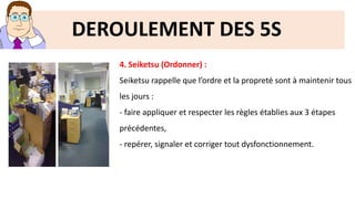 DEROULEMENT DES 5S
4. Seiketsu (Ordonner) :
Seiketsu rappelle que l’ordre et la propreté sont à maintenir tous
les jours :
- faire appliquer et respecter les règles établies aux 3 étapes
précédentes,
- repérer, signaler et corriger tout dysfonctionnement.
 