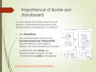Importance d’écrire son 
storyboard 
Le story board est le document qui va 
décrire, schématiser la ressource afin 
de permettre sa réalisation. Il contient : 
• des illustrations, 
• des commentaires écrits sur le 
fonctionnement de l'interactivité, 
des animations, les images à 
réaliser, les mouvements de caméra 
• la rédaction des textes qui 
figureront dans le grain ou des 
commentaires audio à enregistrer 
Voir la ressource de Cécile Deruy 
 