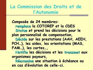La Commission des Droits et de l’Autonomie Composée de 24 membres: remplace   la COTOREP et la CDES  Statue   et prend les décisions pour le plan personnalisé de compensation,  Décide   sur les prestations (AAH, AEEH, PCH…), les aides, les orientations (MAS, FAM…), les cartes…, Notifie   les décisions et les   transmet   aux organismes payeurs, Réexamine   une situation à échéance ou en cas d’évolution de celle-ci. 