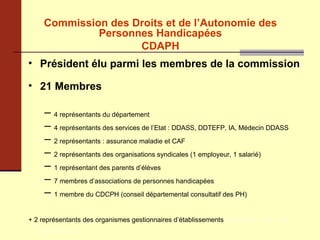 Commission des Droits et de l’Autonomie des Personnes Handicapées CDAPH Président élu parmi les membres de la commission 21 Membres 4 représentants du département 4 représentants des services de l’Etat : DDASS, DDTEFP, IA, Médecin DDASS 2 représentants : assurance maladie et CAF 2 représentants des organisations syndicales (1 employeur, 1 salarié) 1 représentant des parents d’élèves 7 membres d’associations de personnes handicapées 1 membre du CDCPH (conseil départemental consultatif des PH) + 2 représentants des organismes gestionnaires d’établissements  spécialisés, avec voix consultative 