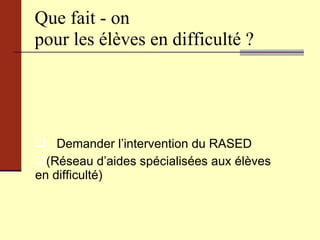 Que fait - on pour les élèves en difficulté ? Demander l’intervention du RASED (Réseau d’aides spécialisées aux élèves en difficulté) 