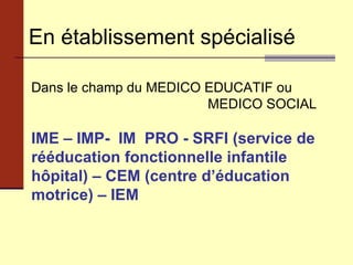 En établissement spécialisé Dans le champ du MEDICO EDUCATIF ou  MEDICO SOCIAL IME – IMP-  IM  PRO - SRFI (service de rééducation fonctionnelle infantile hôpital) – CEM (centre d’éducation motrice) – IEM   