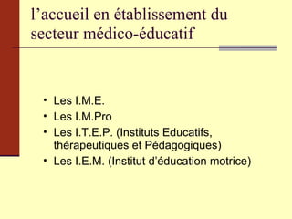 l’accueil en établissement du secteur médico-éducatif Les I.M.E. Les I.M.Pro Les I.T.E.P. (Instituts Educatifs, thérapeutiques et Pédagogiques) Les I.E.M. (Institut d’éducation motrice) 