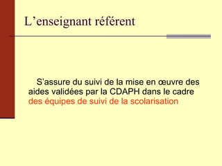 L’enseignant référent S’assure du suivi de la mise en œuvre des aides validées par la CDAPH dans le cadre  des équipes de suivi de la scolarisation  