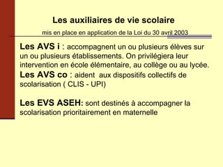 Les auxiliaires de vie scolaire   mis en place en application de la Loi du 30 avril 2003 Les AVS i  :  accompagnent un ou plusieurs élèves sur un ou plusieurs établissements. On privilégiera leur intervention en école élémentaire, au collège ou au lycée. Les AVS co  :  aident  aux dispositifs collectifs de scolarisation ( CLIS - UPI)  Les EVS ASEH :  sont   destinés à accompagner la scolarisation prioritairement en maternelle  